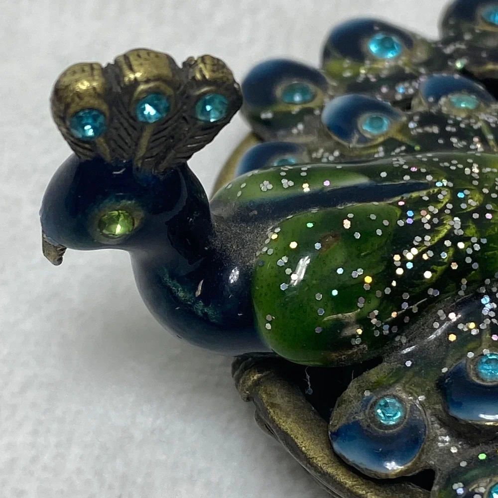 Peacock‎ Trinket Box Magnetic Enamel Jeweled Decorative Figurine Blue Green